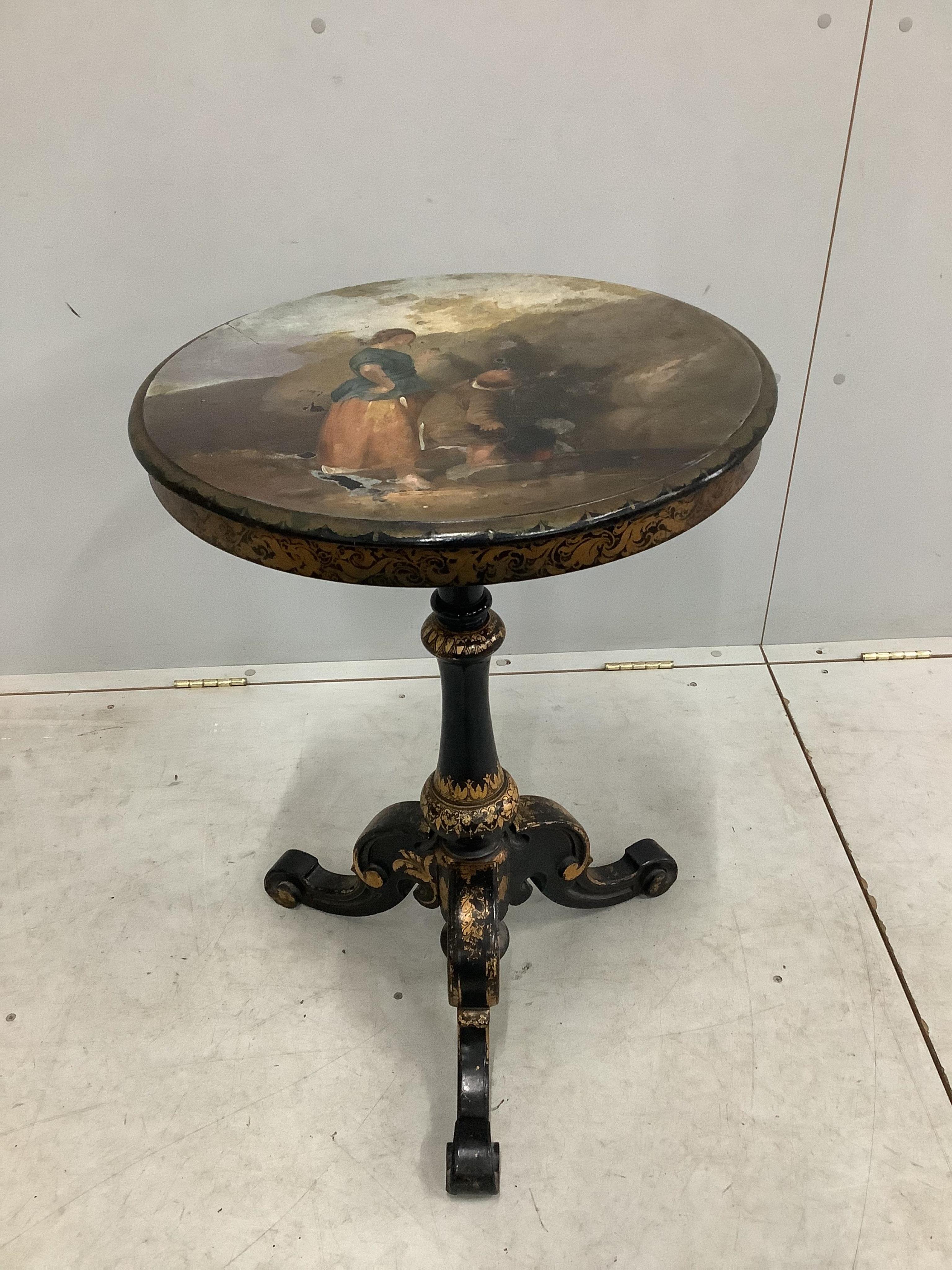 A Victorian mother of pearl inlaid papier mache cane seat chair and a Victorian painted circular tilt top wine table. Condition - fair